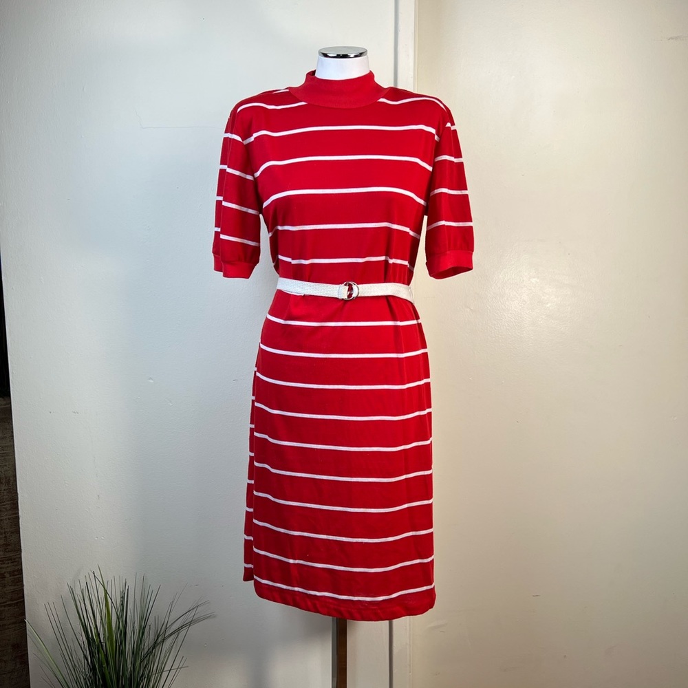 VTG Red & White Stripe Belted T-Shirt Dress - Picture 8 of 14